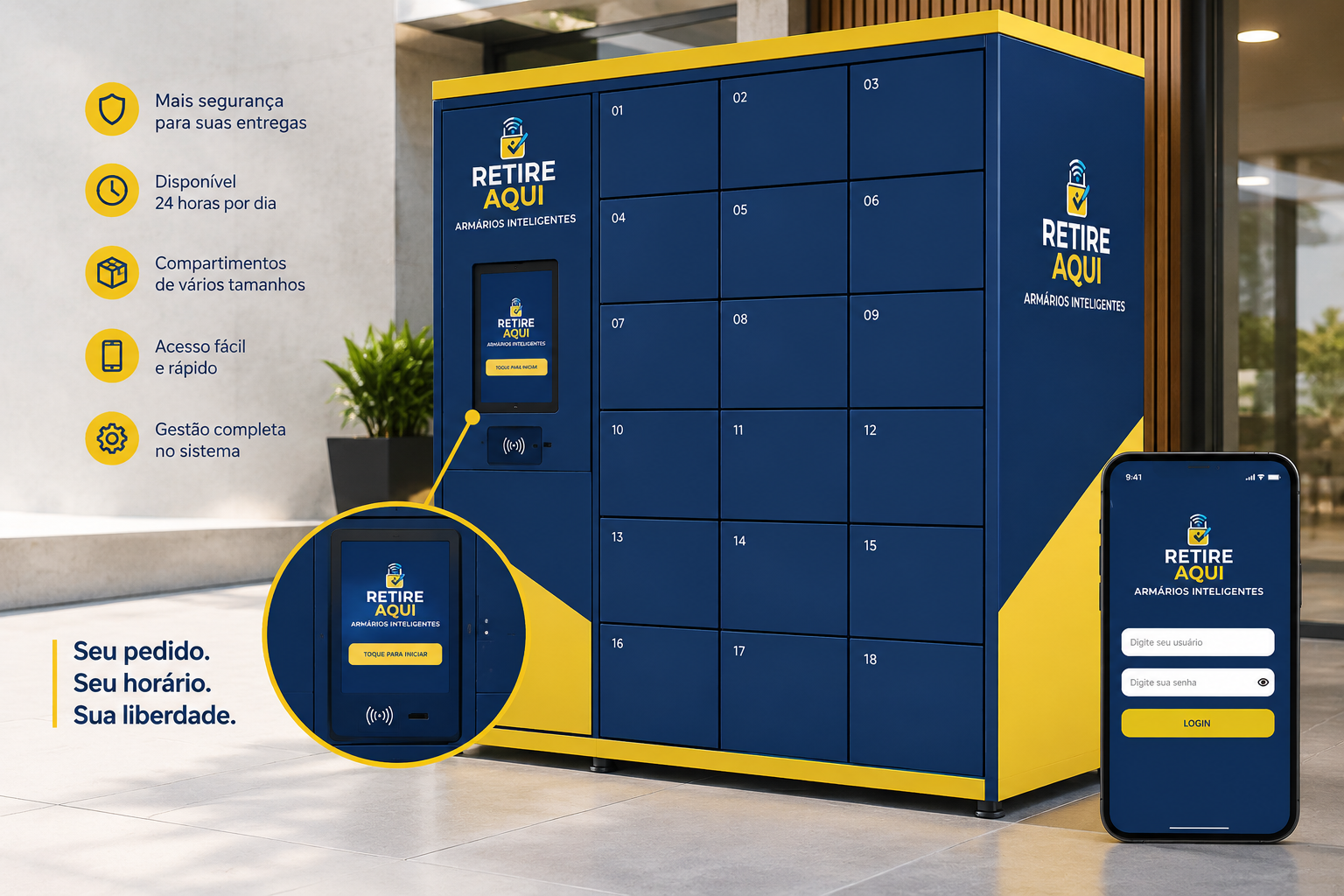 Armário inteligente Retire Aqui azul e amarelo com portas, tela de acesso e aplicativo no celular
